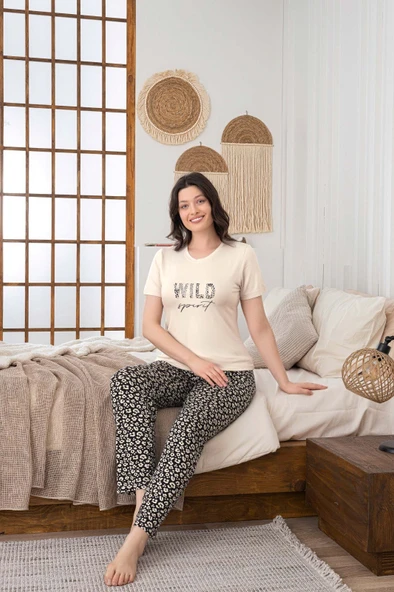 Kadın Düğmesiz Bisiklet Yaka Viskon Yazlık Kısa Kol Cepli Pijama Takımı - 8