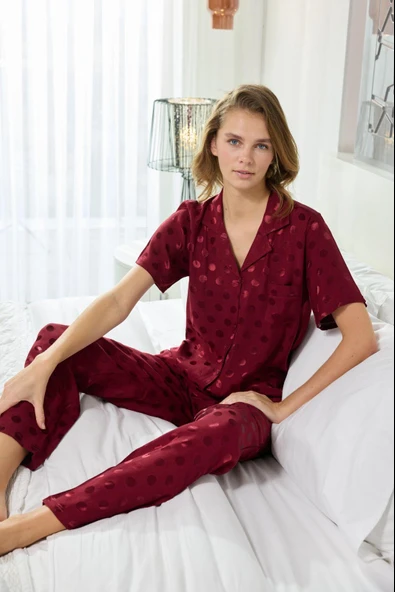 Kadın Önden Düğmeli Gömlek Yakalı Pamuk Saten Dokuma Göğüs Cepli Kısa Kol Pijama Takımı - 2
