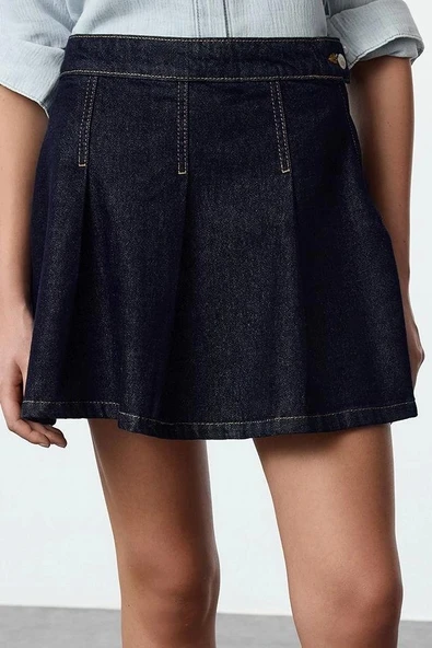 Modern Tarz Astarsız Denim Mini Boy Pileli Yüksek Bel Mini Denim Etek