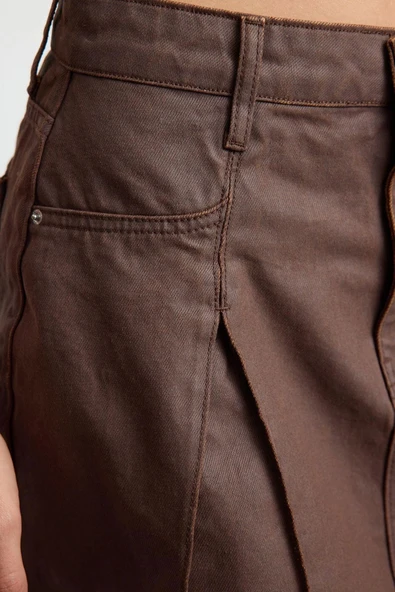 Modern Tarz Astarsız Denim Mini Boy Deri Kaplamalı Pileli Mini Denim Etek - 4
