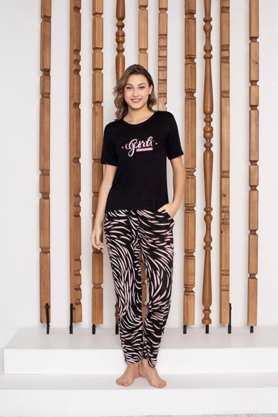 Kadın Düğmesiz Bisiklet Yaka Viskon Yazlık Kısa Kol Cepli Pijama Takımı - 12