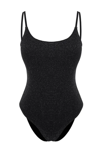 Kadın Moda Atma Kap Askılı Brief Yaka Siyah Simli Regular Mayo