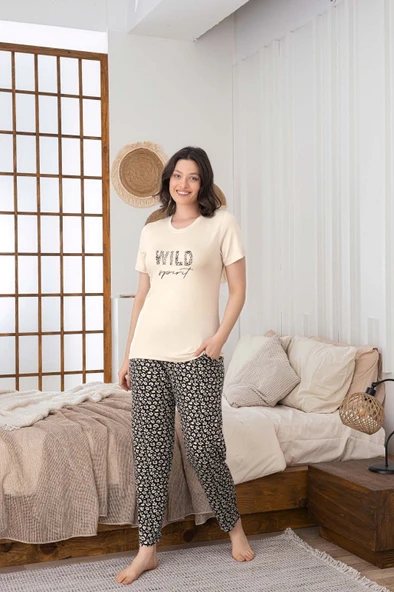 Kadın Düğmesiz Bisiklet Yaka Viskon Yazlık Kısa Kol Cepli Pijama Takımı - 5