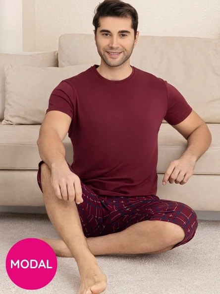 Erkek Bisiklet Yaka 3 Düğmeli Ekose Desen Modal Kısa Kol Cepli Kapri Pijama Takımı - 5