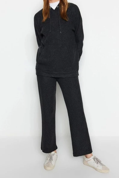 Moda Yüksek Bel Bisiklet Yaka Sportswear Kapüşonlu Kaşkorse Sweatshirt-Pantolon Örme Alt-Üst Takım