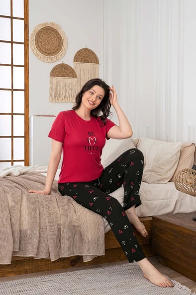 Kadın Düğmesiz Bisiklet Yaka Viskon Yazlık Kısa Kol Cepli Pijama Takımı - 7