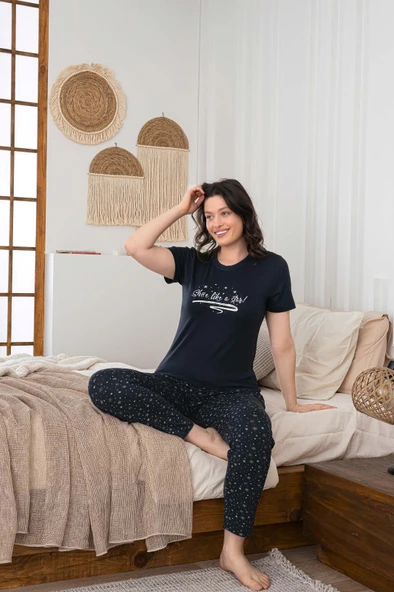 Kadın Düğmesiz Bisiklet Yaka Viskon Yazlık Kısa Kol Cepli Pijama Takımı - 4