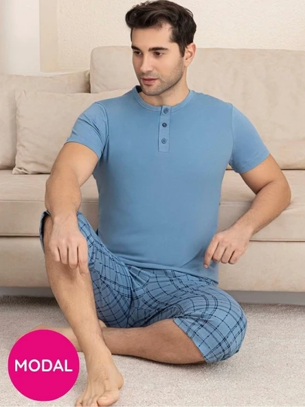 Erkek Bisiklet Yaka 3 Düğmeli Ekose Desen Modal Kısa Kol Cepli Kapri Pijama Takımı - 2