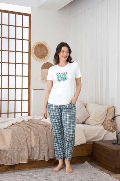 Kadın Düğmesiz Bisiklet Yaka Viskon Yazlık Kısa Kol Cepli Pijama Takımı