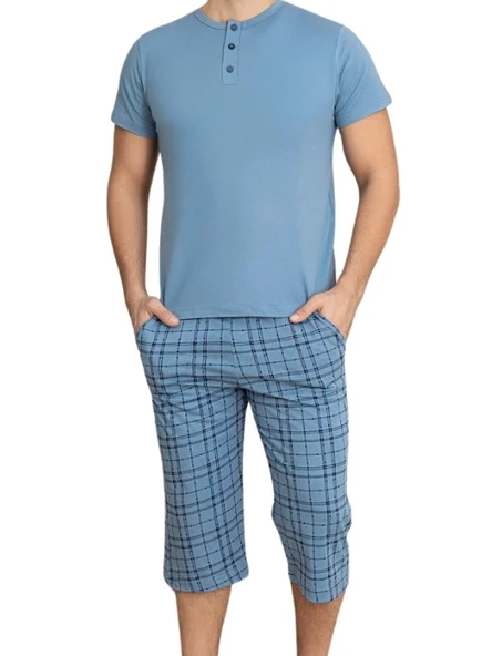 Erkek Bisiklet Yaka 3 Düğmeli Ekose Desen Modal Kısa Kol Cepli Kapri Pijama Takımı - 7