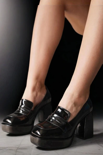Kadın Moda Platform Kalın Topuklu Loafer Şık ve Zarif Abiye Ayakkabı