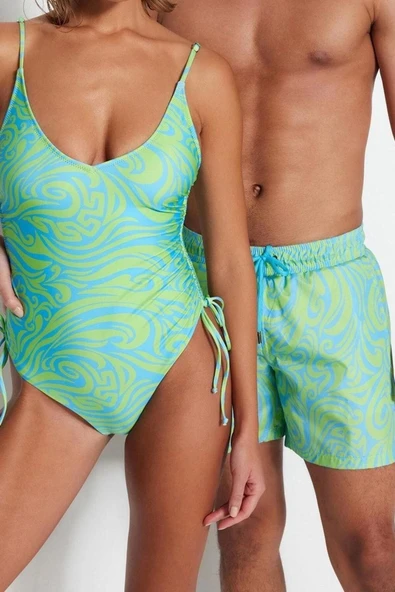 Kadın Moda Atma Kap Askılı Brief Yaka Soyut Desenli Tünelli Regular Mayo - 2