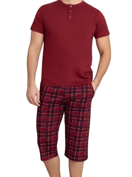 Erkek Bisiklet Yaka 3 Düğmeli Ekose Desen Modal Kısa Kol Cepli Kapri Pijama Takımı - 10