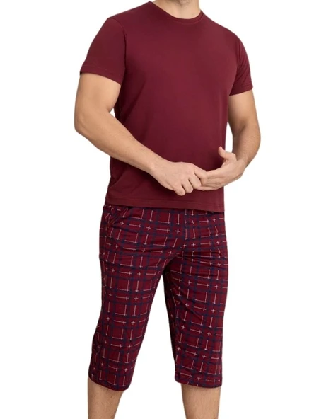 Erkek Bisiklet Yaka 3 Düğmeli Ekose Desen Modal Kısa Kol Cepli Kapri Pijama Takımı - 8