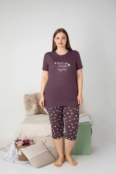 Kadın Bisiklet Yaka Düğmesiz Battal Kesim Viskon Kısa Kol Kapri Cepli Büyük Beden Pijama Takımı - 11