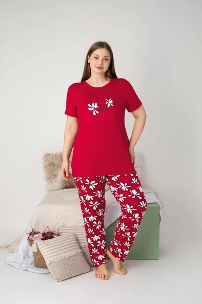 Kadın Bisiklet Yaka Düğmesiz Battal Kesim Viskon Yazlık Kısa Kol Cepli Büyük Beden Pijama Takımı - 12