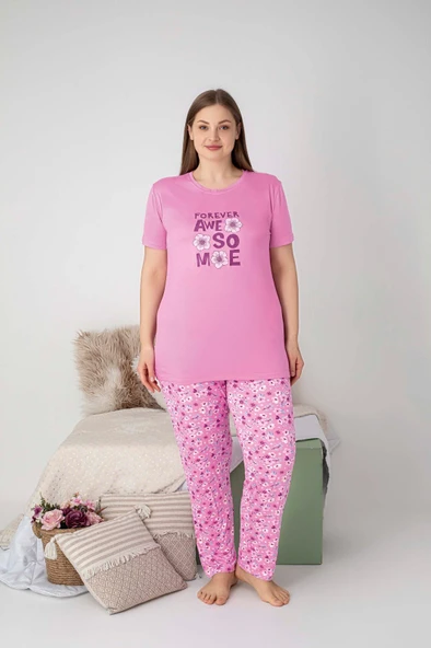 Kadın Bisiklet Yaka Düğmesiz Battal Kesim Viskon Yazlık Kısa Kol Cepli Büyük Beden Pijama Takımı - 10