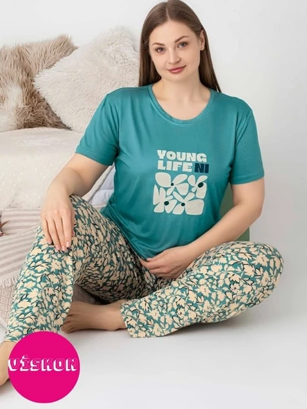 Kadın Bisiklet Yaka Düğmesiz Battal Kesim Viskon Yazlık Kısa Kol Cepli Büyük Beden Pijama Takımı - 2