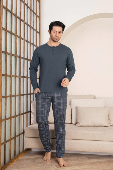 Erkek Ekose Desen 3 Düğmeli Bisiklet Yaka Bilek Manşetli Modal Mevsimlik Uzun Kol Cepli Pijama Takım - 5