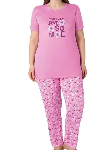 Kadın Bisiklet Yaka Düğmesiz Battal Kesim Viskon Yazlık Kısa Kol Cepli Büyük Beden Pijama Takımı - 5