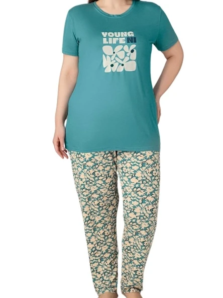 Kadın Bisiklet Yaka Düğmesiz Battal Kesim Viskon Yazlık Kısa Kol Cepli Büyük Beden Pijama Takımı - 6