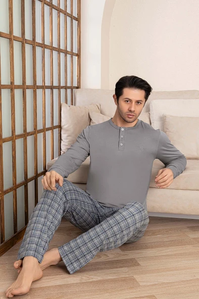 Erkek Ekose Desen 3 Düğmeli Bisiklet Yaka Bilek Manşetli Modal Mevsimlik Uzun Kol Cepli Pijama Takım - 3