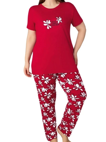 Kadın Bisiklet Yaka Düğmesiz Battal Kesim Viskon Yazlık Kısa Kol Cepli Büyük Beden Pijama Takımı - 8