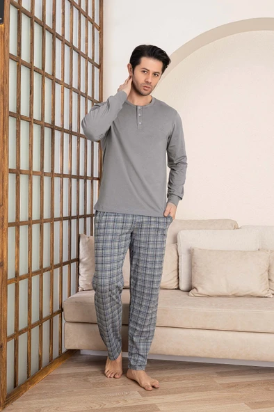 Erkek Ekose Desen 3 Düğmeli Bisiklet Yaka Bilek Manşetli Modal Mevsimlik Uzun Kol Cepli Pijama Takım - 4