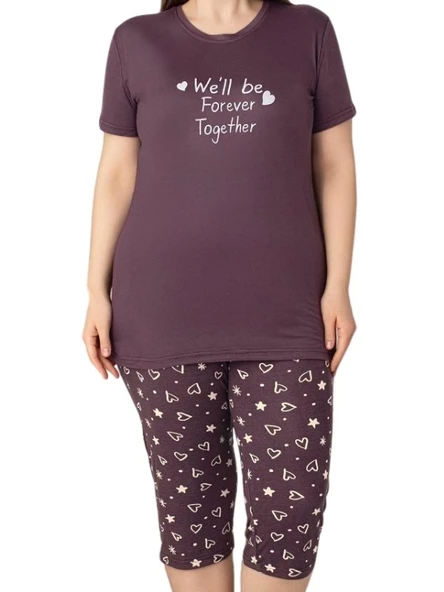 Kadın Bisiklet Yaka Düğmesiz Battal Kesim Viskon Kısa Kol Kapri Cepli Büyük Beden Pijama Takımı - 3