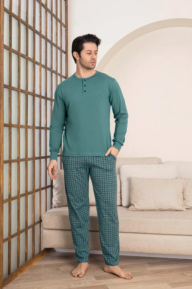 Erkek Ekose Desen 3 Düğmeli Bisiklet Yaka Bilek Manşetli Modal Mevsimlik Uzun Kol Cepli Pijama Takım