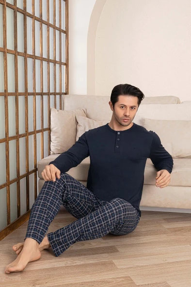 Erkek Ekose Desen 3 Düğmeli Bisiklet Yaka Bilek Manşetli Modal Mevsimlik Uzun Kol Cepli Pijama Takım - 8