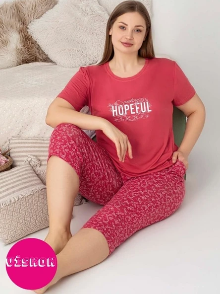 Kadın Bisiklet Yaka Düğmesiz Battal Kesim Viskon Kısa Kol Kapri Cepli Büyük Beden Pijama Takımı - 8