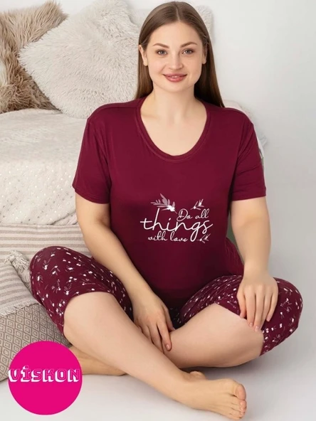 Kadın Bisiklet Yaka Düğmesiz Battal Kesim Viskon Kısa Kol Kapri Cepli Büyük Beden Pijama Takımı - 5