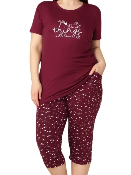 Kadın Bisiklet Yaka Düğmesiz Battal Kesim Viskon Kısa Kol Kapri Cepli Büyük Beden Pijama Takımı