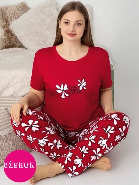 Kadın Bisiklet Yaka Düğmesiz Battal Kesim Viskon Yazlık Kısa Kol Cepli Büyük Beden Pijama Takımı - 4