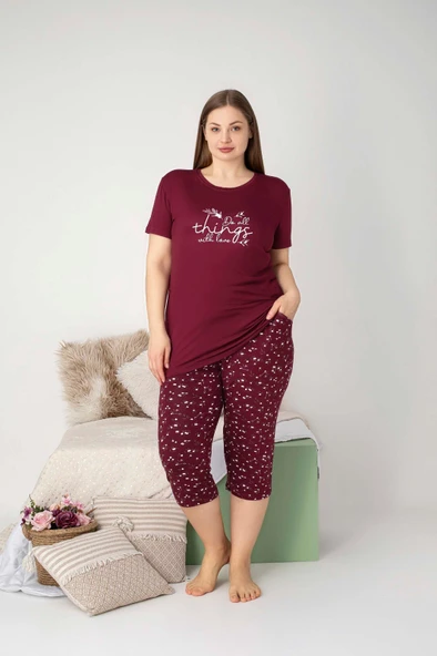 Kadın Bisiklet Yaka Düğmesiz Battal Kesim Viskon Kısa Kol Kapri Cepli Büyük Beden Pijama Takımı - 9