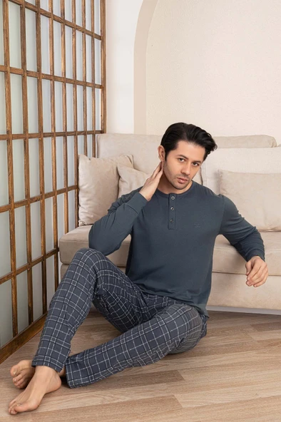 Erkek Ekose Desen 3 Düğmeli Bisiklet Yaka Bilek Manşetli Modal Mevsimlik Uzun Kol Cepli Pijama Takım - 6