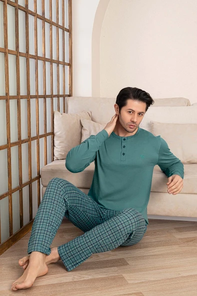 Erkek Ekose Desen 3 Düğmeli Bisiklet Yaka Bilek Manşetli Modal Mevsimlik Uzun Kol Cepli Pijama Takım - 2