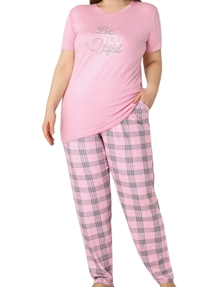 Kadın Bisiklet Yaka Düğmesiz Battal Kesim Viskon Yazlık Kısa Kol Cepli Büyük Beden Pijama Takımı - 7