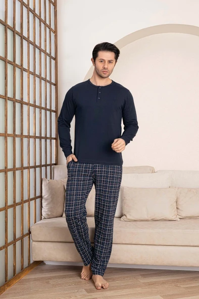 Erkek Ekose Desen 3 Düğmeli Bisiklet Yaka Bilek Manşetli Modal Mevsimlik Uzun Kol Cepli Pijama Takım - 7