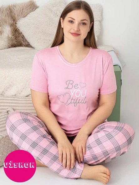 Kadın Bisiklet Yaka Düğmesiz Battal Kesim Viskon Yazlık Kısa Kol Cepli Büyük Beden Pijama Takımı - 3