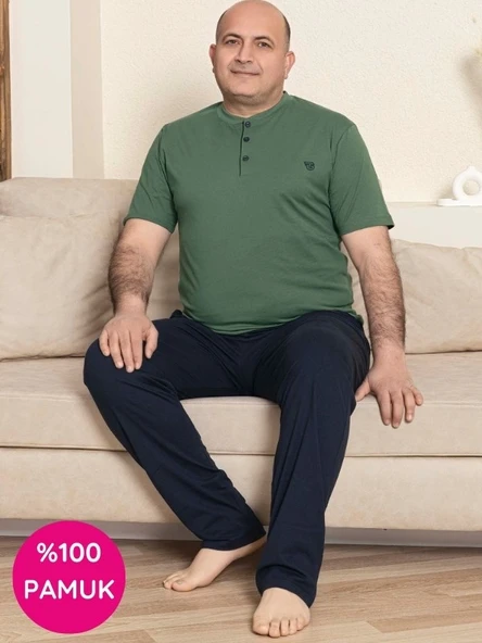 Erkek Geniş Kalıp %100 Pamuk Kısa Kol Cepli Büyük Beden Pijama Takımı - 5