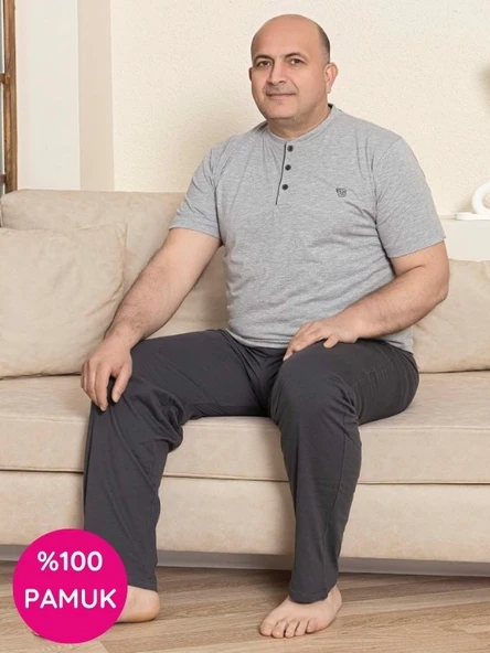 Erkek Geniş Kalıp %100 Pamuk Kısa Kol Cepli Büyük Beden Pijama Takımı