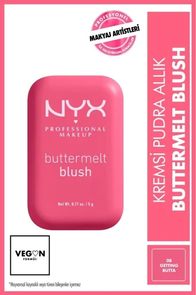 NYX PROFESSİONAL MAKEUP Buttermelt Blush Kremsi Pembe Pudra Allık - 08 Getting Butta