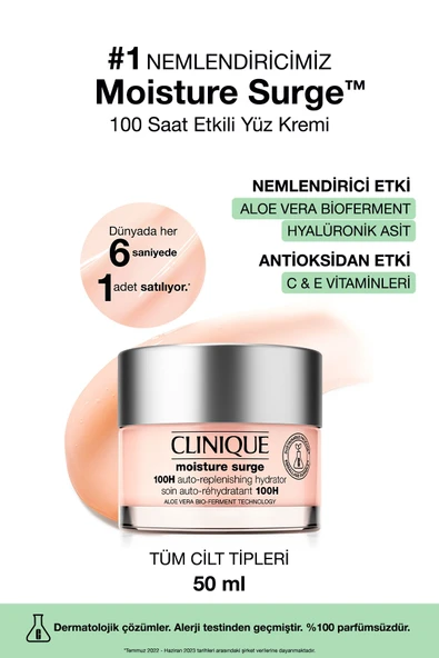 CLİNİQUE Moisture Surge™ 100 Saat Etkili Nemlendirici Yüz Kremi 50ml | Aloe Vera Bioferment, Hyalüronik Asit
