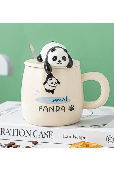 Sevimli Panda Kapaklı Seramik Kupa (BEYAZ)