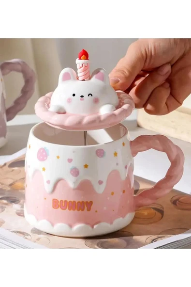 Pasta Kedi Temalı Seramik Kupa (PEMBE) - 2