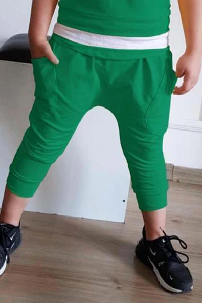 Erkek Çocuk Kapüşonlu Şerit Detaylı Kat Şerit Detaylı Sweatshirt Lastikli Yeşil Eşofman - Resim 4