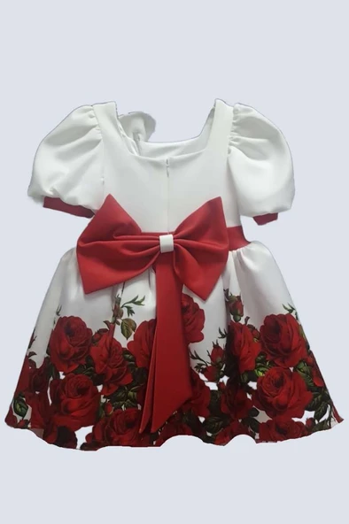 Kız Çocuk Kolları ve Beli Şerit Detaylı Karpuz Kollu Eteği Tüllü ve Gül Desenli Beyaz Elbise - Resim 5