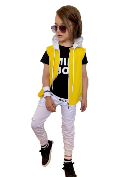 Erkek Çocuk Mini Boy Yazı ve Şerit Detaylı T-shirt Kolsuz Sarı Yelek Eşofman Takım - 1
